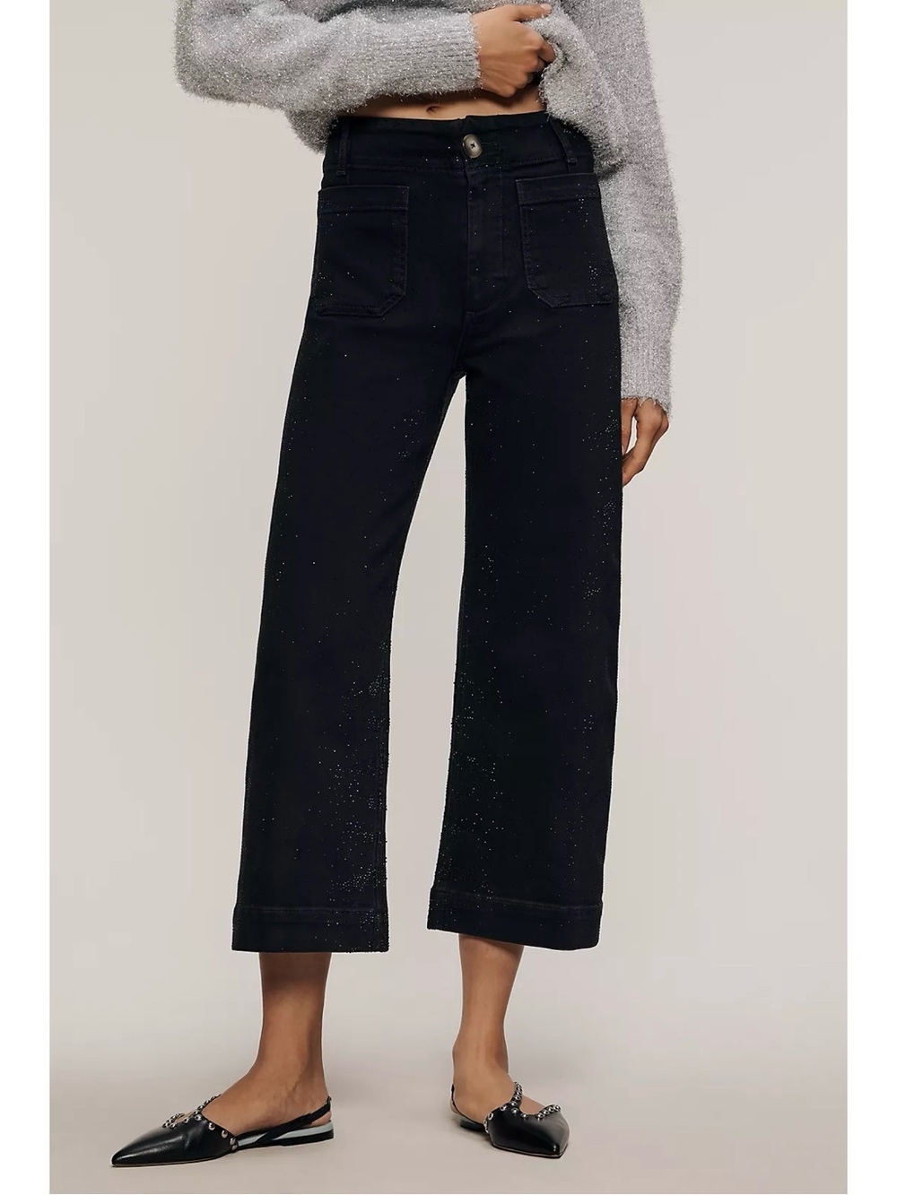Anthropologie Maeve Jeans Colette Sparkle High-Rise Wide-Leg Cropped Black Sz 28